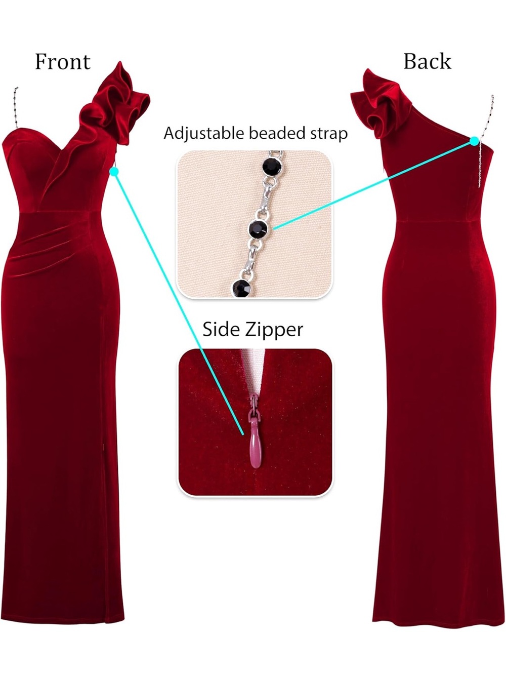 Elegant Red One-Shoulder Evening Gown with High Slit dark pink red - Picture 4 of 5